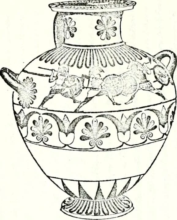 An illustration from Some feudal coats of arms and others, illustrated with 2,000 zinco etchings from the Bayear tapestry, Greek vases, seals, tiles, effigies, brasses and heralcic rolls. Some chart pedigrees, 1902, leaf 50