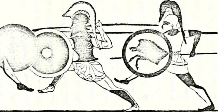 An illustration from Some feudal coats of arms and others, illustrated with 2,000 zinco etchings from the Bayear tapestry, Greek vases, seals, tiles, effigies, brasses and heralcic rolls. Some chart pedigrees, 1902, leaf 50
