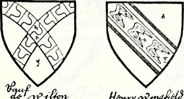 An illustration from Some feudal coats of arms and others, illustrated with 2,000 zinco etchings from the Bayear tapestry, Greek vases, seals, tiles, effigies, brasses and heralcic rolls. Some chart pedigrees, 1902, leaf 500