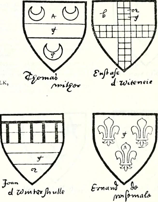 An illustration from Some feudal coats of arms and others, illustrated with 2,000 zinco etchings from the Bayear tapestry, Greek vases, seals, tiles, effigies, brasses and heralcic rolls. Some chart pedigrees, 1902, leaf 500