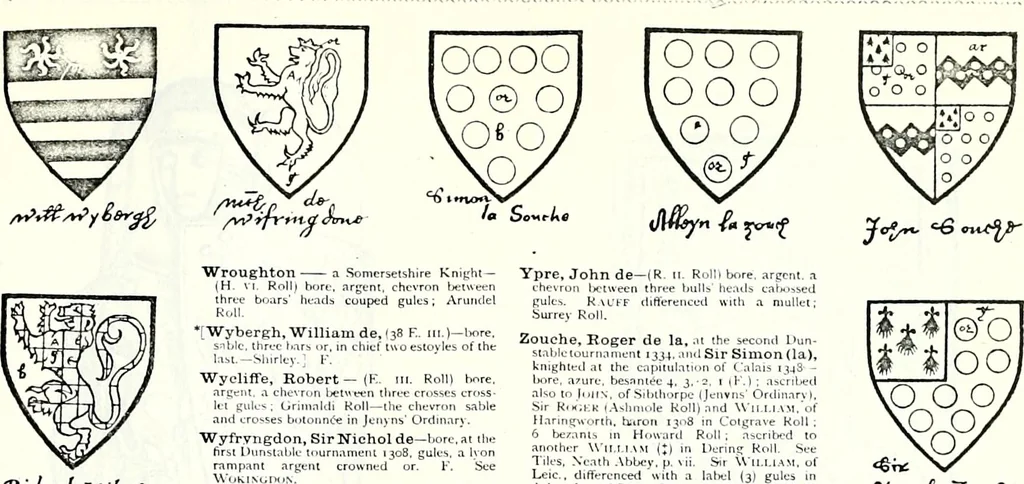 An illustration from Some feudal coats of arms and others, illustrated with 2,000 zinco etchings from the Bayear tapestry, Greek vases, seals, tiles, effigies, brasses and heralcic rolls. Some chart pedigrees, 1902, leaf 508