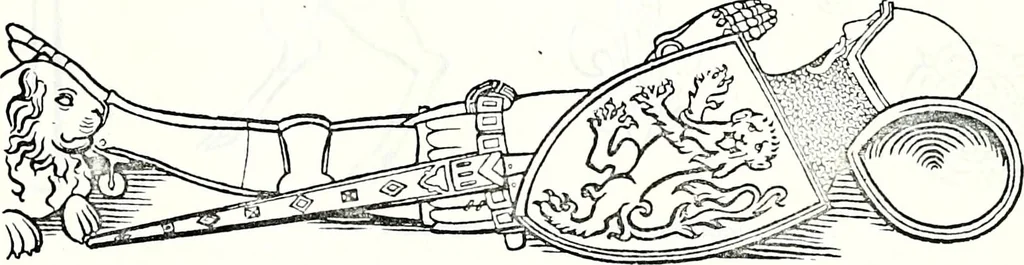 An illustration from Some feudal coats of arms and others, illustrated with 2,000 zinco etchings from the Bayear tapestry, Greek vases, seals, tiles, effigies, brasses and heralcic rolls. Some chart pedigrees, 1902, leaf 512