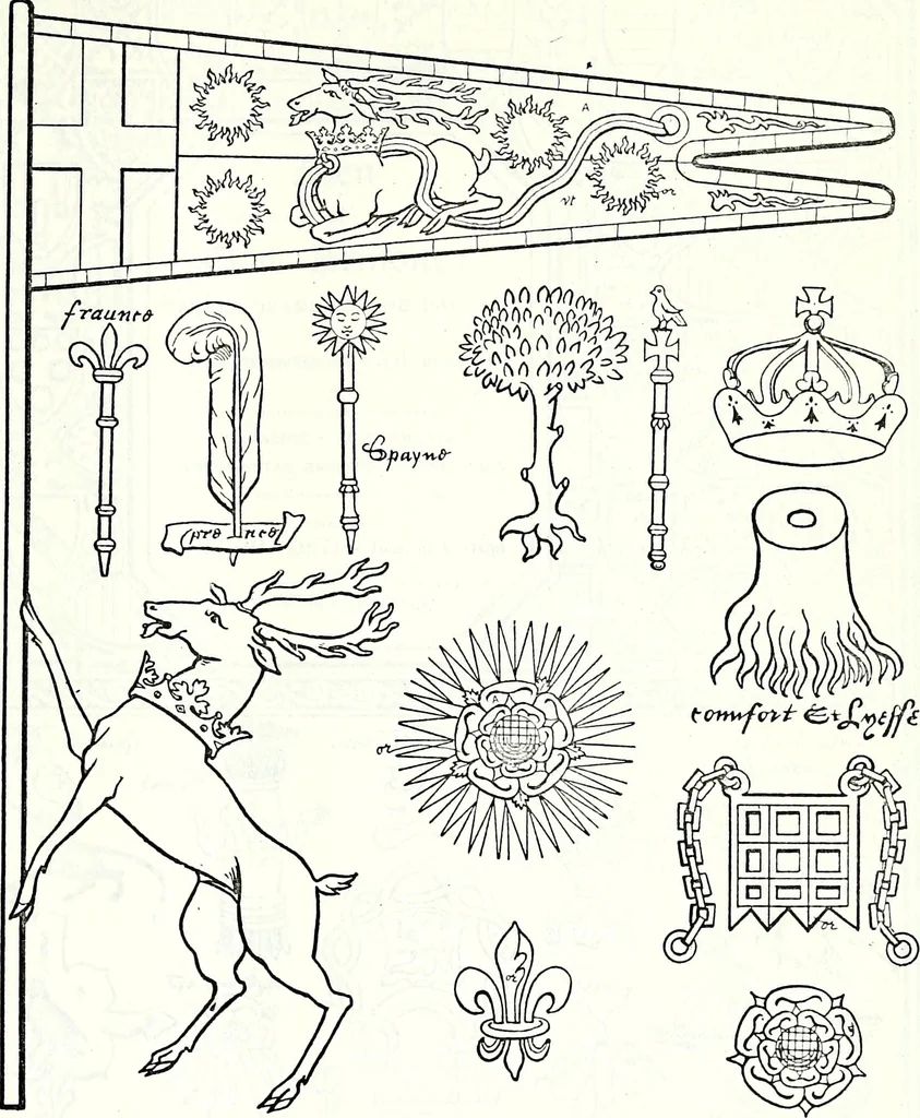 An illustration from Some feudal coats of arms and others, illustrated with 2,000 zinco etchings from the Bayear tapestry, Greek vases, seals, tiles, effigies, brasses and heralcic rolls. Some chart pedigrees, 1902, leaf 514