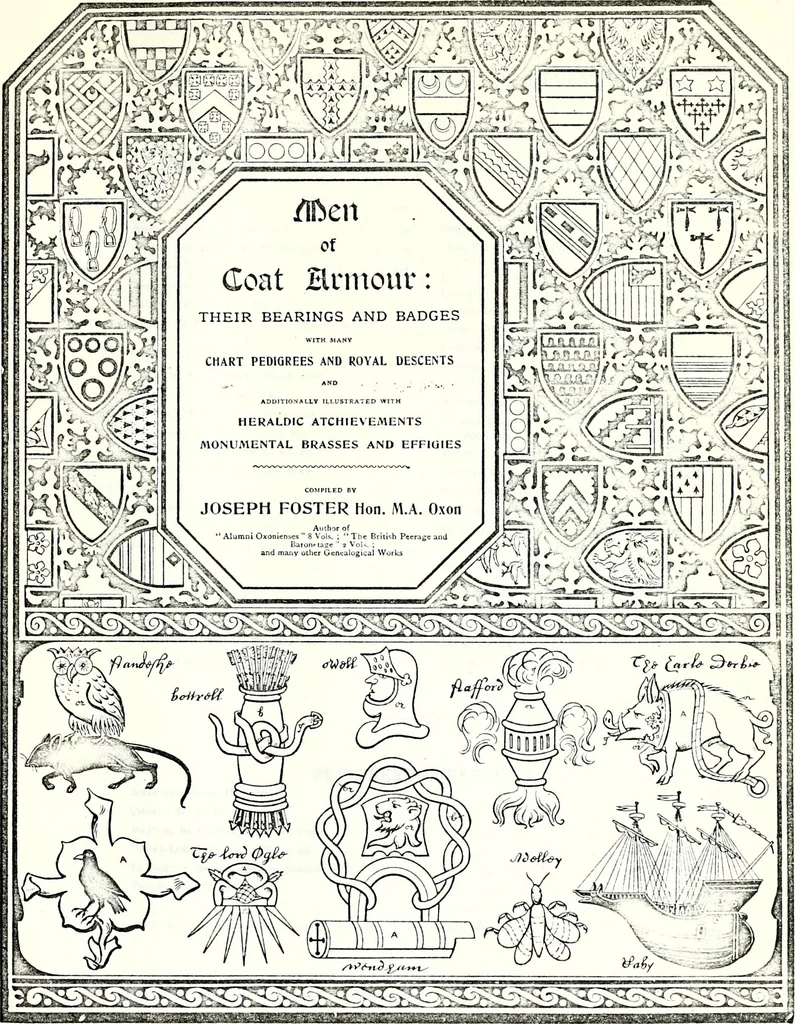 An illustration from Some feudal coats of arms and others, illustrated with 2,000 zinco etchings from the Bayear tapestry, Greek vases, seals, tiles, effigies, brasses and heralcic rolls. Some chart pedigrees, 1902, leaf 516
