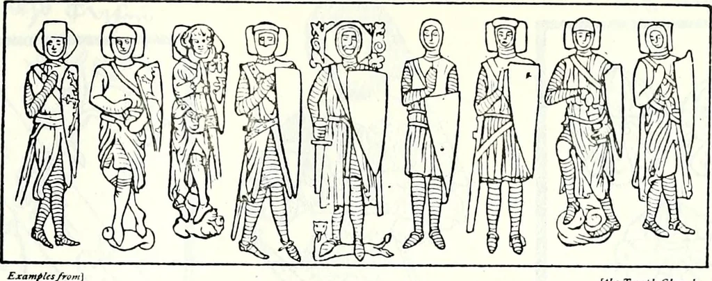 An illustration from Some feudal coats of arms and others, illustrated with 2,000 zinco etchings from the Bayear tapestry, Greek vases, seals, tiles, effigies, brasses and heralcic rolls. Some chart pedigrees, 1902, leaf 520