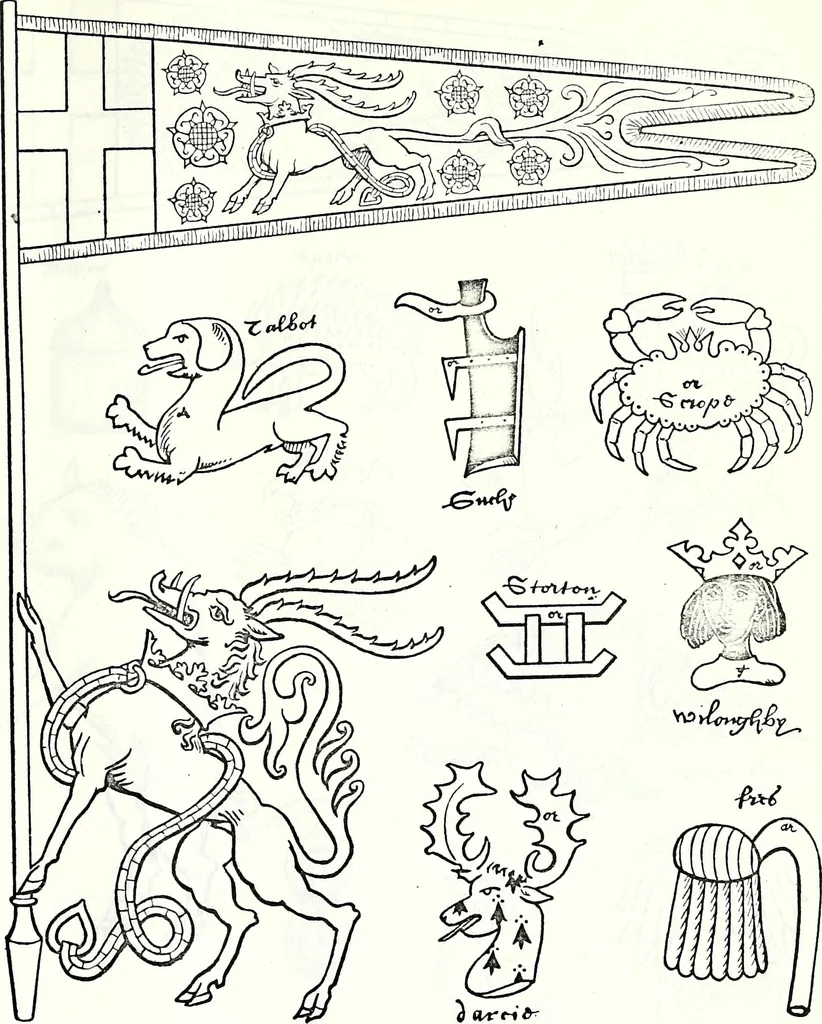 An illustration from Some feudal coats of arms and others, illustrated with 2,000 zinco etchings from the Bayear tapestry, Greek vases, seals, tiles, effigies, brasses and heralcic rolls. Some chart pedigrees, 1902, leaf 526