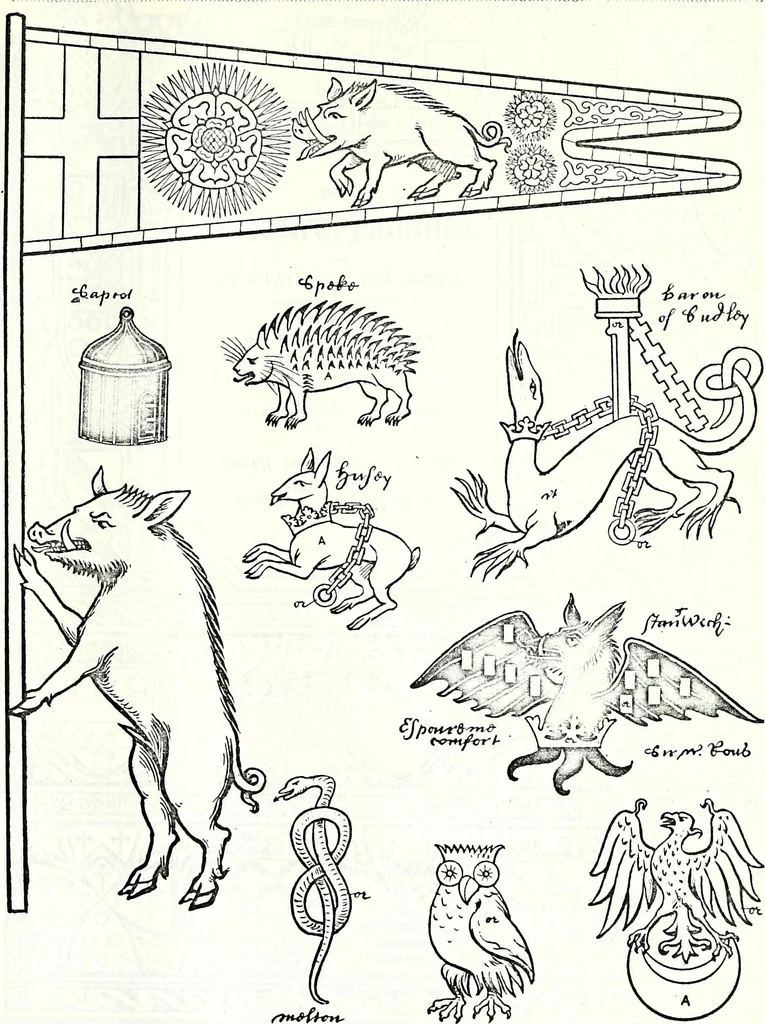 An illustration from Some feudal coats of arms and others, illustrated with 2,000 zinco etchings from the Bayear tapestry, Greek vases, seals, tiles, effigies, brasses and heralcic rolls. Some chart pedigrees, 1902, leaf 528