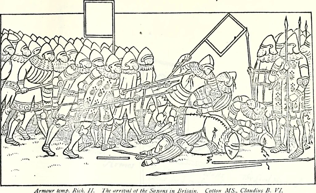 An illustration from Some feudal coats of arms and others, illustrated with 2,000 zinco etchings from the Bayear tapestry, Greek vases, seals, tiles, effigies, brasses and heralcic rolls. Some chart pedigrees, 1902, leaf 532