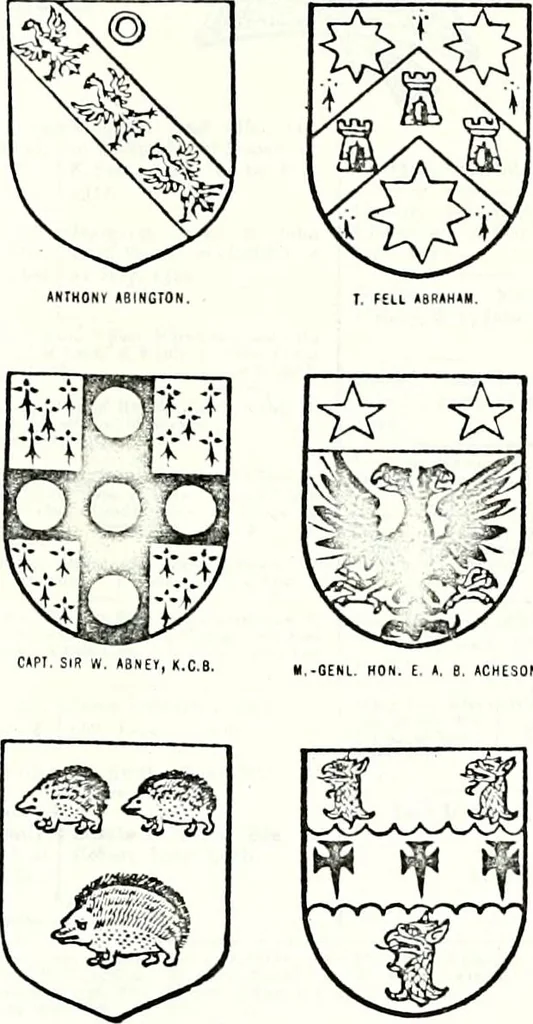An illustration from Some feudal coats of arms and others, illustrated with 2,000 zinco etchings from the Bayear tapestry, Greek vases, seals, tiles, effigies, brasses and heralcic rolls. Some chart pedigrees, 1902, leaf 536