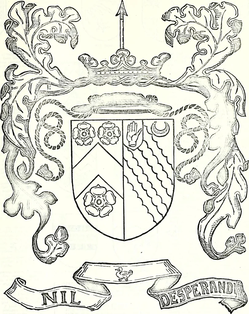 An illustration from Some feudal coats of arms and others, illustrated with 2,000 zinco etchings from the Bayear tapestry, Greek vases, seals, tiles, effigies, brasses and heralcic rolls. Some chart pedigrees, 1902, leaf 546