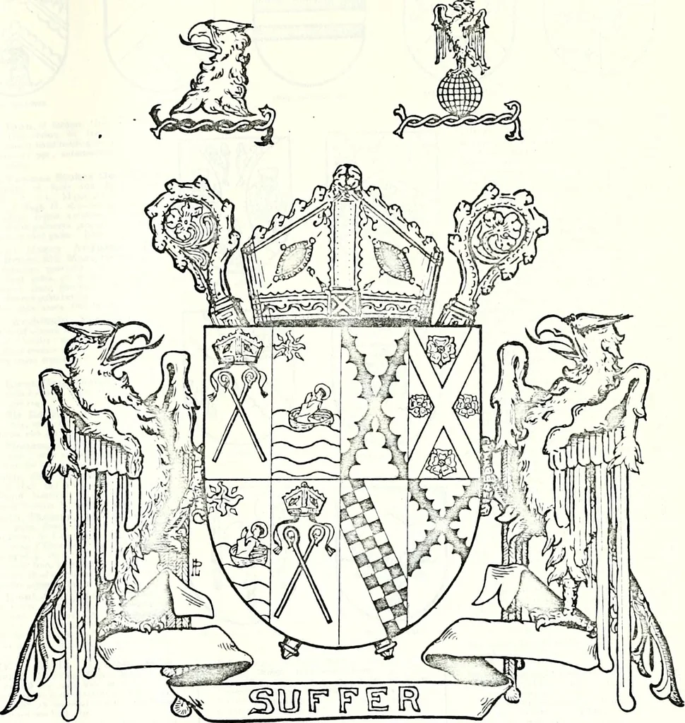 An illustration from Some feudal coats of arms and others, illustrated with 2,000 zinco etchings from the Bayear tapestry, Greek vases, seals, tiles, effigies, brasses and heralcic rolls. Some chart pedigrees, 1902, leaf 550