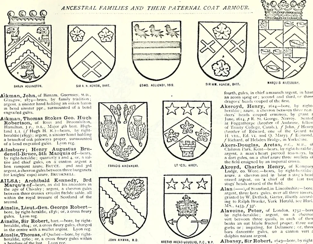 An illustration from Some feudal coats of arms and others, illustrated with 2,000 zinco etchings from the Bayear tapestry, Greek vases, seals, tiles, effigies, brasses and heralcic rolls. Some chart pedigrees, 1902, leaf 552