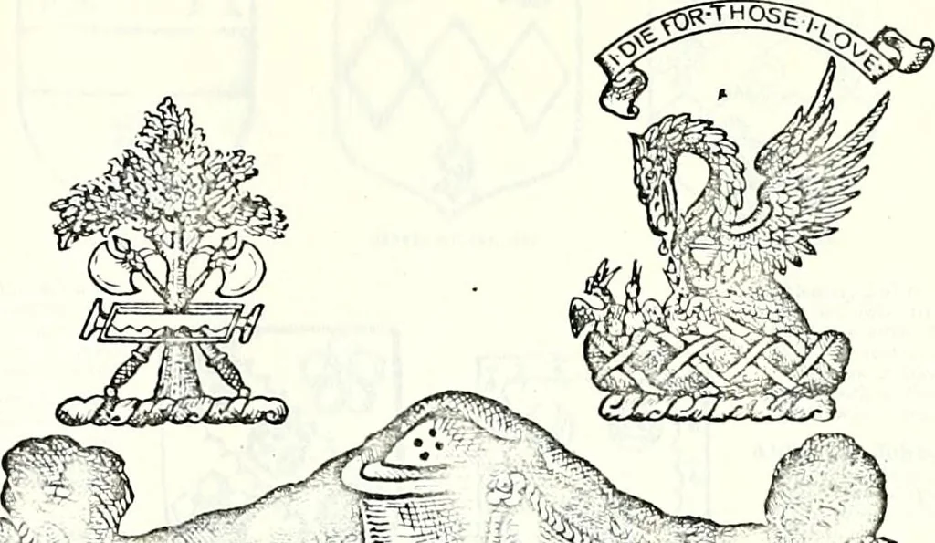 An illustration from Some feudal coats of arms and others, illustrated with 2,000 zinco etchings from the Bayear tapestry, Greek vases, seals, tiles, effigies, brasses and heralcic rolls. Some chart pedigrees, 1902, leaf 554