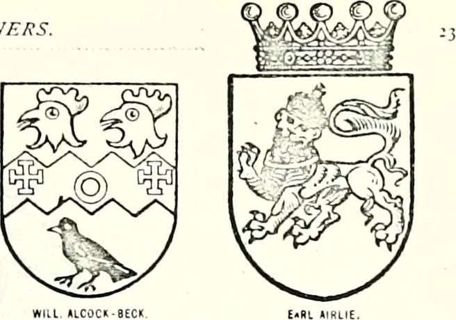 An illustration from Some feudal coats of arms and others, illustrated with 2,000 zinco etchings from the Bayear tapestry, Greek vases, seals, tiles, effigies, brasses and heralcic rolls. Some chart pedigrees, 1902, leaf 556