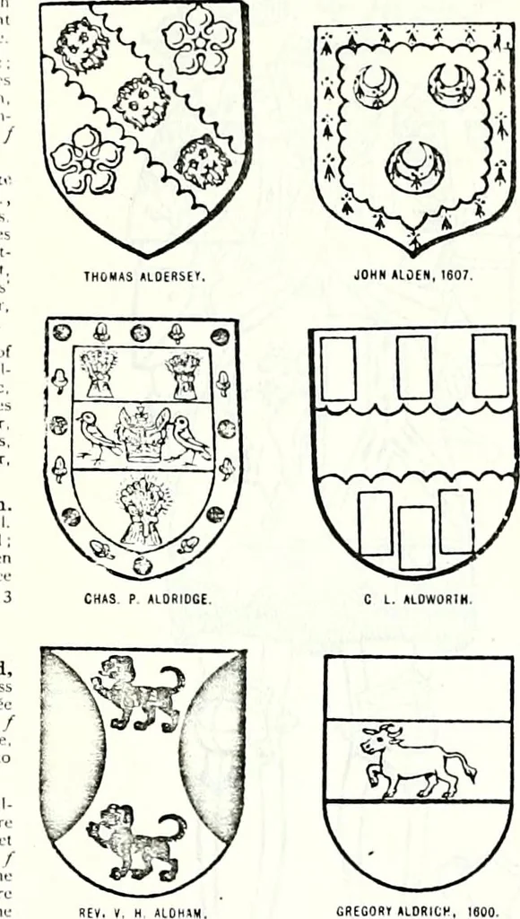 An illustration from Some feudal coats of arms and others, illustrated with 2,000 zinco etchings from the Bayear tapestry, Greek vases, seals, tiles, effigies, brasses and heralcic rolls. Some chart pedigrees, 1902, leaf 556