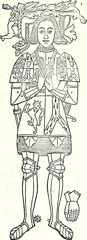 An illustration from Some feudal coats of arms and others, illustrated with 2,000 zinco etchings from the Bayear tapestry, Greek vases, seals, tiles, effigies, brasses and heralcic rolls. Some chart pedigrees, 1902, leaf 558
