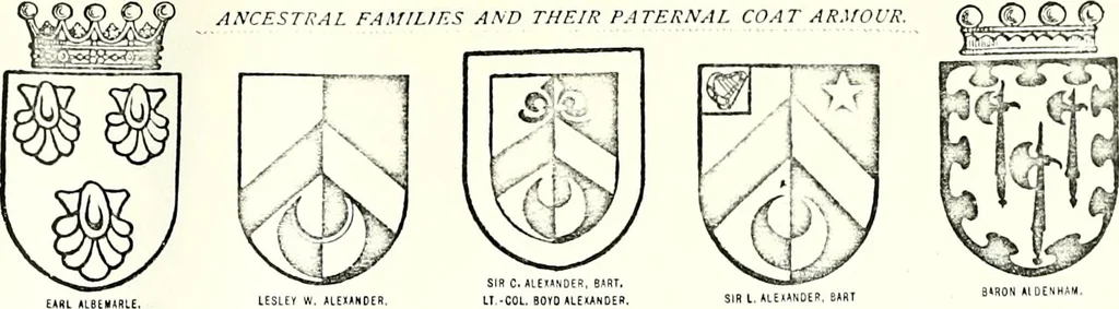 An illustration from Some feudal coats of arms and others, illustrated with 2,000 zinco etchings from the Bayear tapestry, Greek vases, seals, tiles, effigies, brasses and heralcic rolls. Some chart pedigrees, 1902, leaf 560