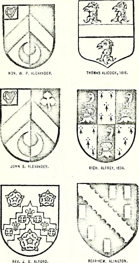 An illustration from Some feudal coats of arms and others, illustrated with 2,000 zinco etchings from the Bayear tapestry, Greek vases, seals, tiles, effigies, brasses and heralcic rolls. Some chart pedigrees, 1902, leaf 560