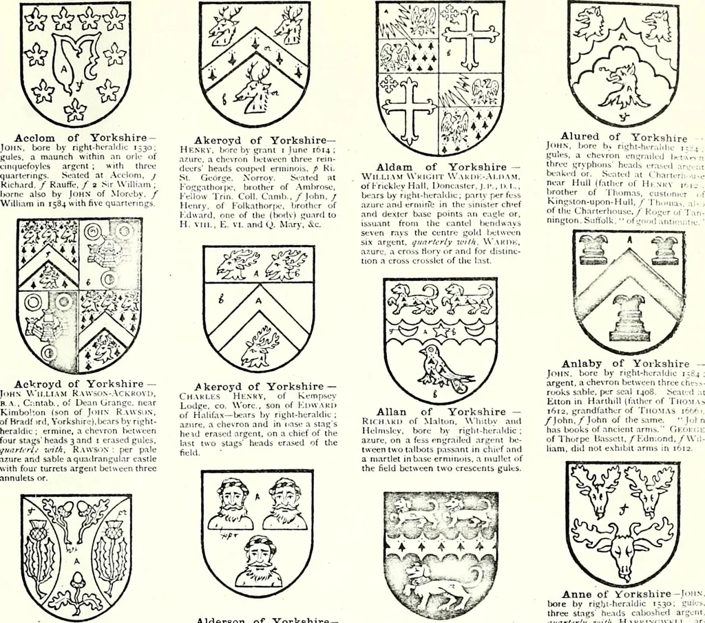 An illustration from Some feudal coats of arms and others, illustrated with 2,000 zinco etchings from the Bayear tapestry, Greek vases, seals, tiles, effigies, brasses and heralcic rolls. Some chart pedigrees, 1902, leaf 566