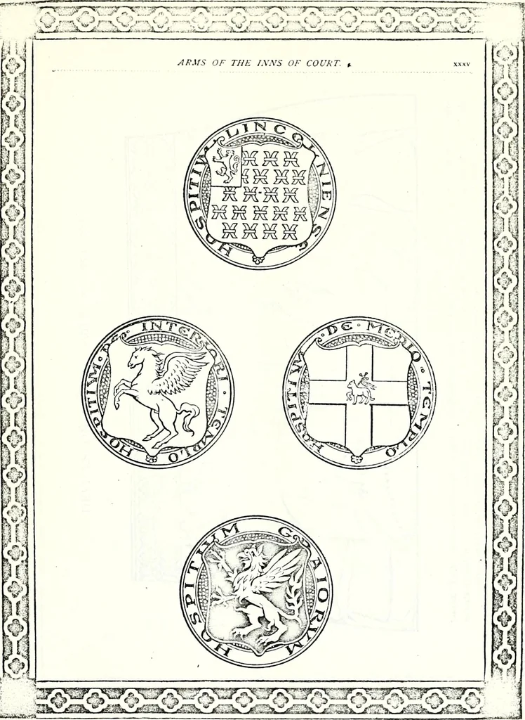 An illustration from Some feudal coats of arms and others, illustrated with 2,000 zinco etchings from the Bayear tapestry, Greek vases, seals, tiles, effigies, brasses and heralcic rolls. Some chart pedigrees, 1902, leaf 74