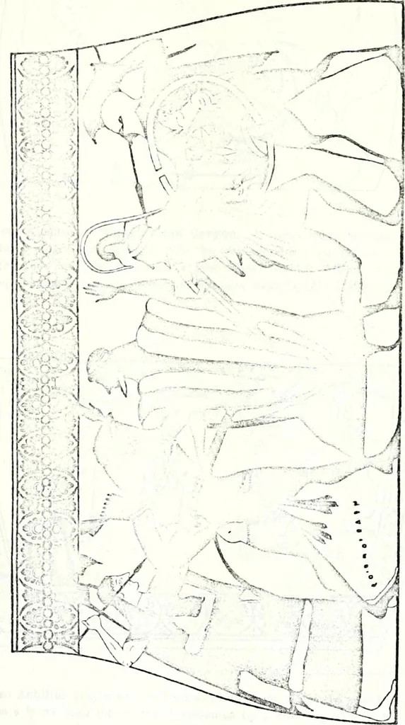 An illustration from Some feudal coats of arms and others, illustrated with 2,000 zinco etchings from the Bayear tapestry, Greek vases, seals, tiles, effigies, brasses and heralcic rolls. Some chart pedigrees, 1902, leaf 76