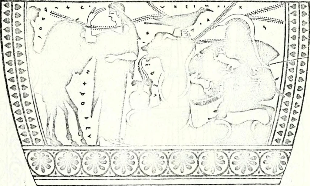 An illustration from Some feudal coats of arms and others, illustrated with 2,000 zinco etchings from the Bayear tapestry, Greek vases, seals, tiles, effigies, brasses and heralcic rolls. Some chart pedigrees, 1902, leaf 78