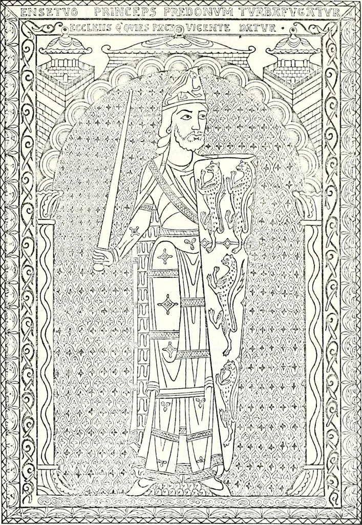 An illustration from Some feudal coats of arms and others, illustrated with 2,000 zinco etchings from the Bayear tapestry, Greek vases, seals, tiles, effigies, brasses and heralcic rolls. Some chart pedigrees, 1902, leaf 80