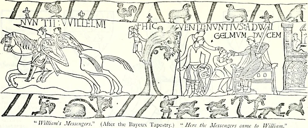 An illustration from Some feudal coats of arms and others, illustrated with 2,000 zinco etchings from the Bayear tapestry, Greek vases, seals, tiles, effigies, brasses and heralcic rolls. Some chart pedigrees, 1902, leaf 82