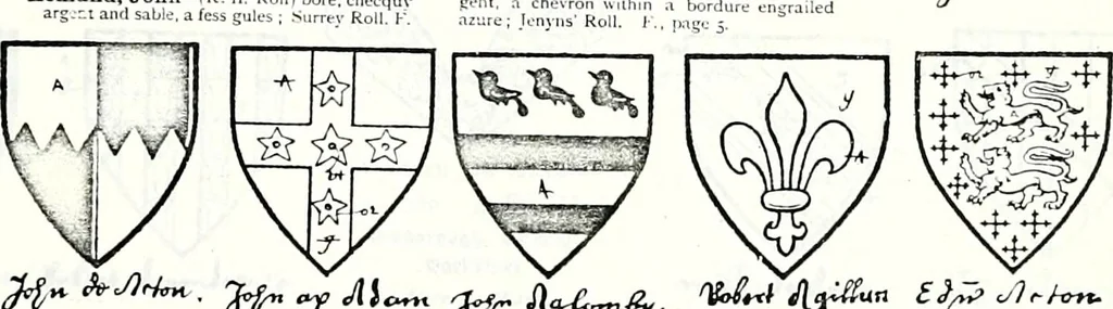 An illustration from Some feudal coats of arms and others, illustrated with 2,000 zinco etchings from the Bayear tapestry, Greek vases, seals, tiles, effigies, brasses and heralcic rolls. Some chart pedigrees, 1902, leaf 82