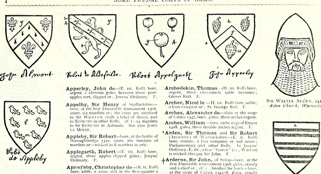 An illustration from Some feudal coats of arms and others, illustrated with 2,000 zinco etchings from the Bayear tapestry, Greek vases, seals, tiles, effigies, brasses and heralcic rolls. Some chart pedigrees, 1902, leaf 88
