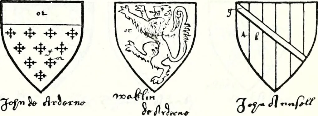 An illustration from Some feudal coats of arms and others, illustrated with 2,000 zinco etchings from the Bayear tapestry, Greek vases, seals, tiles, effigies, brasses and heralcic rolls. Some chart pedigrees, 1902, leaf 88