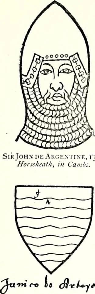 An illustration from Some feudal coats of arms and others, illustrated with 2,000 zinco etchings from the Bayear tapestry, Greek vases, seals, tiles, effigies, brasses and heralcic rolls. Some chart pedigrees, 1902, leaf 90
