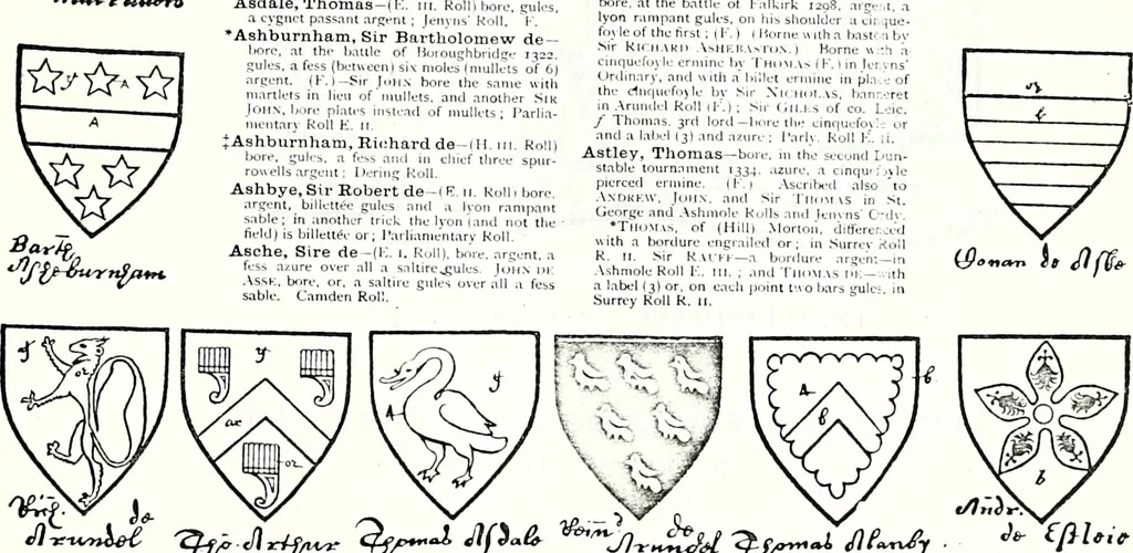 An illustration from Some feudal coats of arms and others, illustrated with 2,000 zinco etchings from the Bayear tapestry, Greek vases, seals, tiles, effigies, brasses and heralcic rolls. Some chart pedigrees, 1902, leaf 90