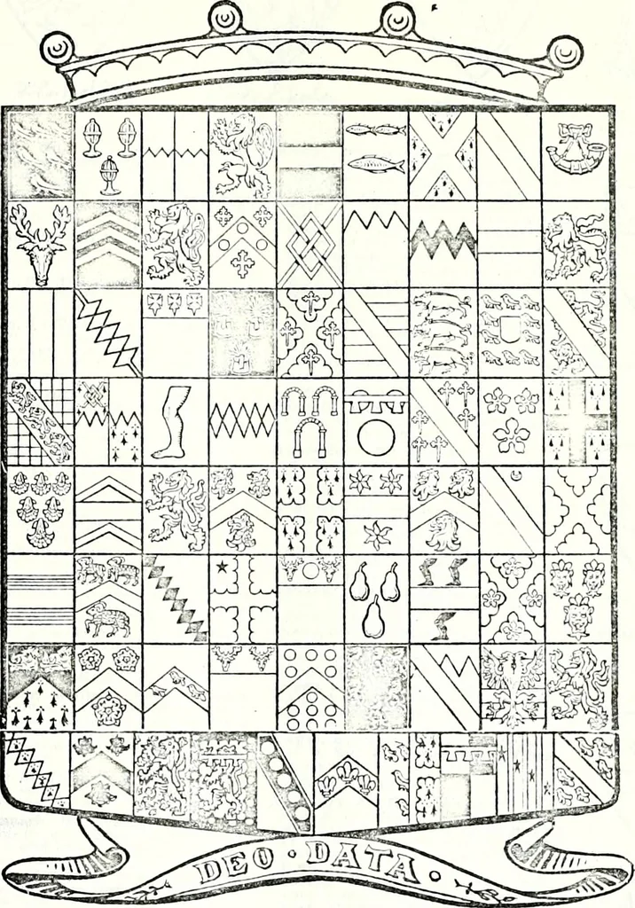 An illustration from Some feudal coats of arms and others, illustrated with 2,000 zinco etchings from the Bayear tapestry, Greek vases, seals, tiles, effigies, brasses and heralcic rolls. Some chart pedigrees, 1902, leaf 92