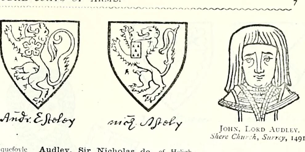 An illustration from Some feudal coats of arms and others, illustrated with 2,000 zinco etchings from the Bayear tapestry, Greek vases, seals, tiles, effigies, brasses and heralcic rolls. Some chart pedigrees, 1902, leaf 94