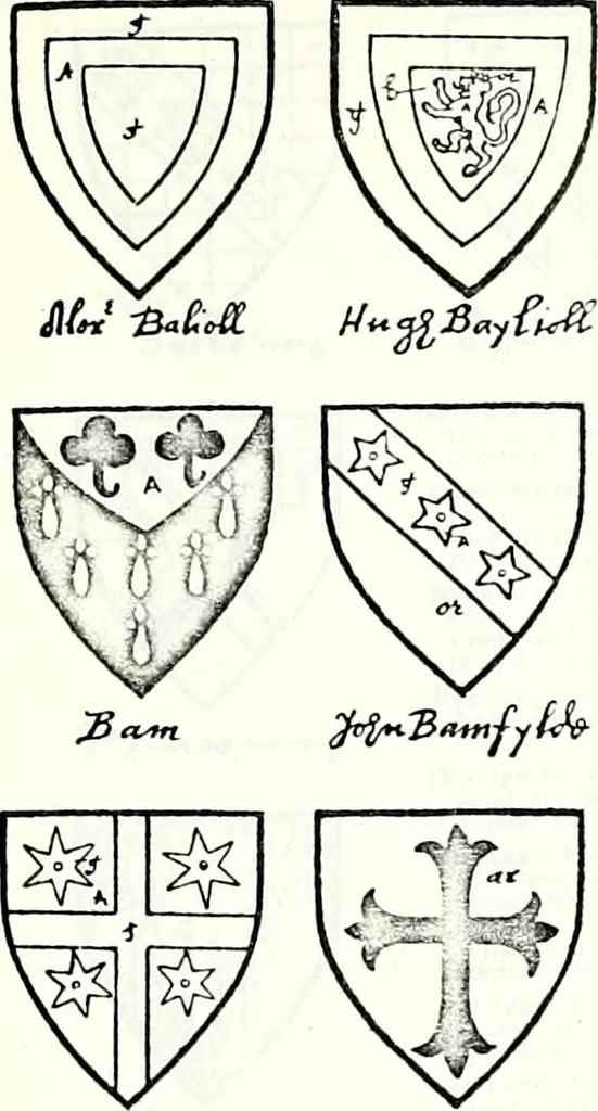 An illustration from Some feudal coats of arms and others, illustrated with 2,000 zinco etchings from the Bayear tapestry, Greek vases, seals, tiles, effigies, brasses and heralcic rolls. Some chart pedigrees, 1902, leaf 98