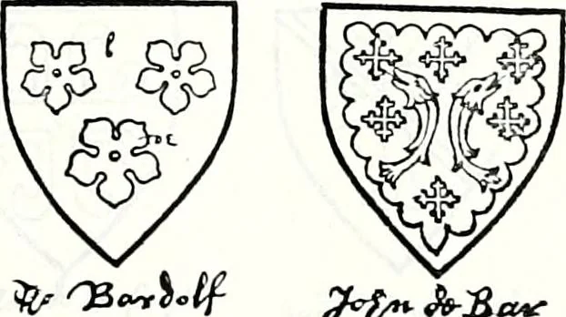 An illustration from Some feudal coats of arms and others, illustrated with 2,000 zinco etchings from the Bayear tapestry, Greek vases, seals, tiles, effigies, brasses and heralcic rolls. Some chart pedigrees, 1902, leaf 98
