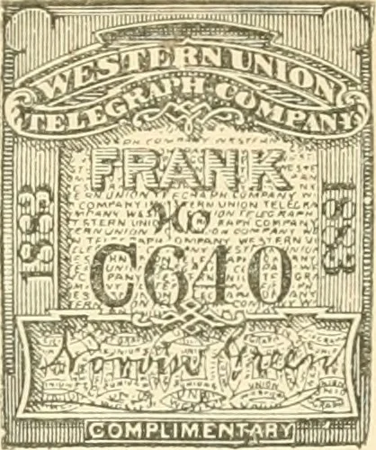 An illustration from Some notes on the telegraph companies of the United States; their stamps and franks, 1900, leaf 24