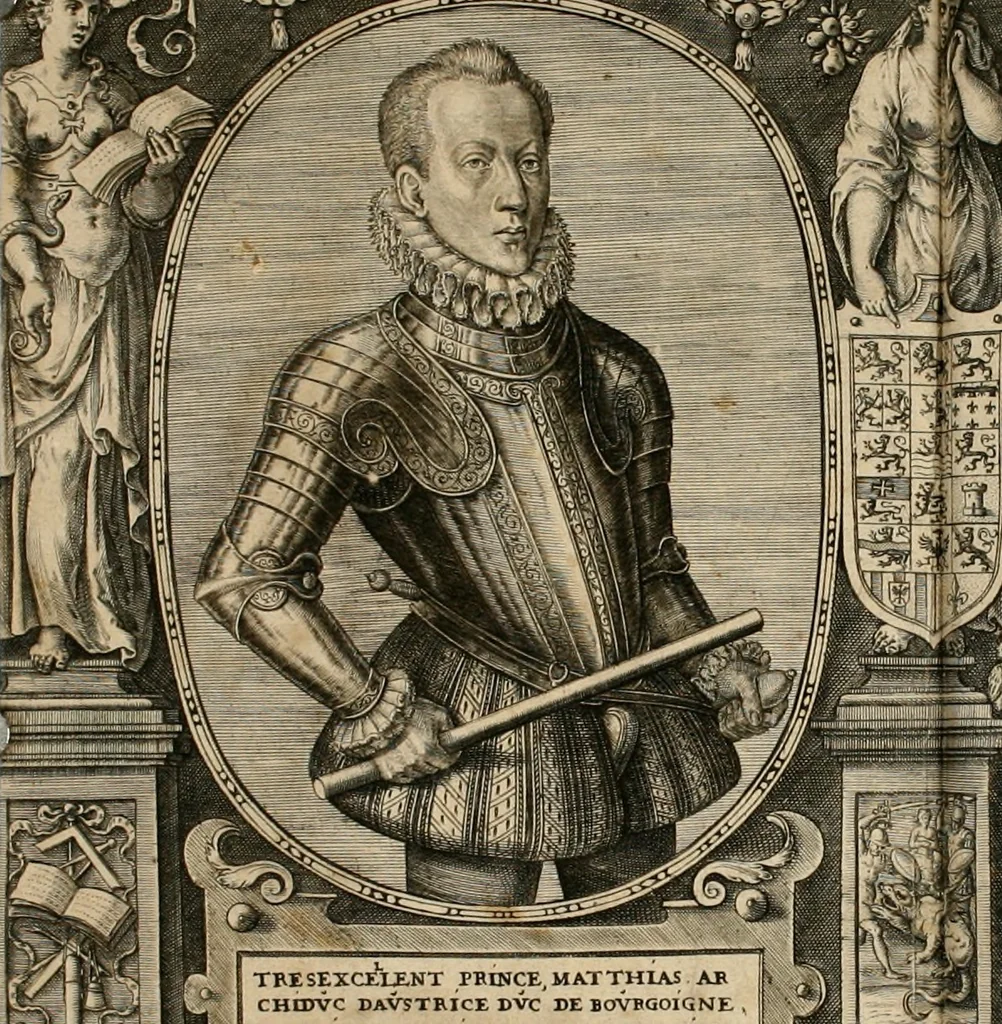 An illustration from Sommare beschrijuinghe vãde triumphelijcke incomst vanden doorluchtighen ende hooghgheboren aerts-hertoge Matthias : binnen die princelijcke stadt van Brussele : in t'iaer ons Heeren M.D.LXXVIII. den xviij dach Januarij : midtsgaders die tanneelen, poincten, figuren ende spectaculen, die inde voorseyde incompste (ter eeren van sijne doorluchticheyt) zijn verthoont ghevveest, met meer ander saken, die doen ter tijt gheschiet zijn, 1579, leaf 173