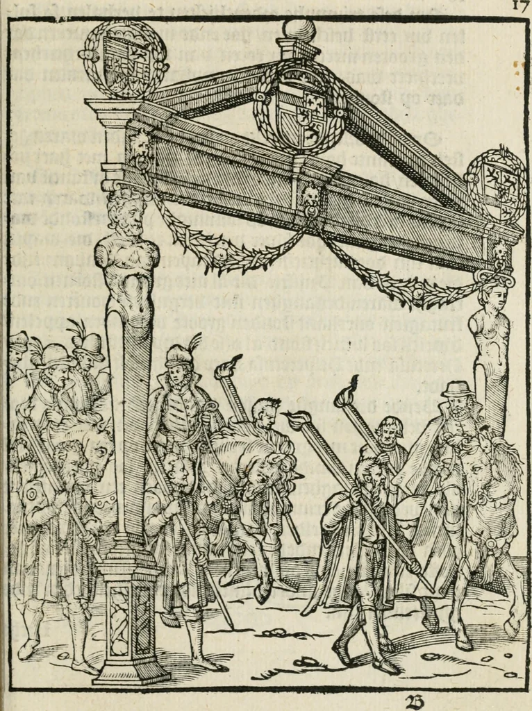 An illustration from Sommare beschrijuinghe vãde triumphelijcke incomst vanden doorluchtighen ende hooghgheboren aerts-hertoge Matthias : binnen die princelijcke stadt van Brussele : in t'iaer ons Heeren M.D.LXXVIII. den xviij dach Januarij : midtsgaders die tanneelen, poincten, figuren ende spectaculen, die inde voorseyde incompste (ter eeren van sijne doorluchticheyt) zijn verthoont ghevveest, met meer ander saken, die doen ter tijt gheschiet zijn, 1579, leaf 22