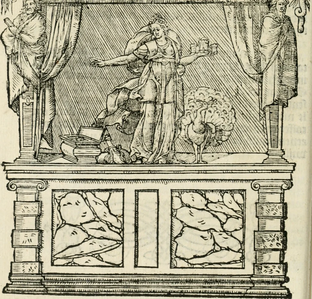 An illustration from Sommare beschrijuinghe vãde triumphelijcke incomst vanden doorluchtighen ende hooghgheboren aerts-hertoge Matthias : binnen die princelijcke stadt van Brussele : in t'iaer ons Heeren M.D.LXXVIII. den xviij dach Januarij : midtsgaders die tanneelen, poincten, figuren ende spectaculen, die inde voorseyde incompste (ter eeren van sijne doorluchticheyt) zijn verthoont ghevveest, met meer ander saken, die doen ter tijt gheschiet zijn, 1579, leaf 25