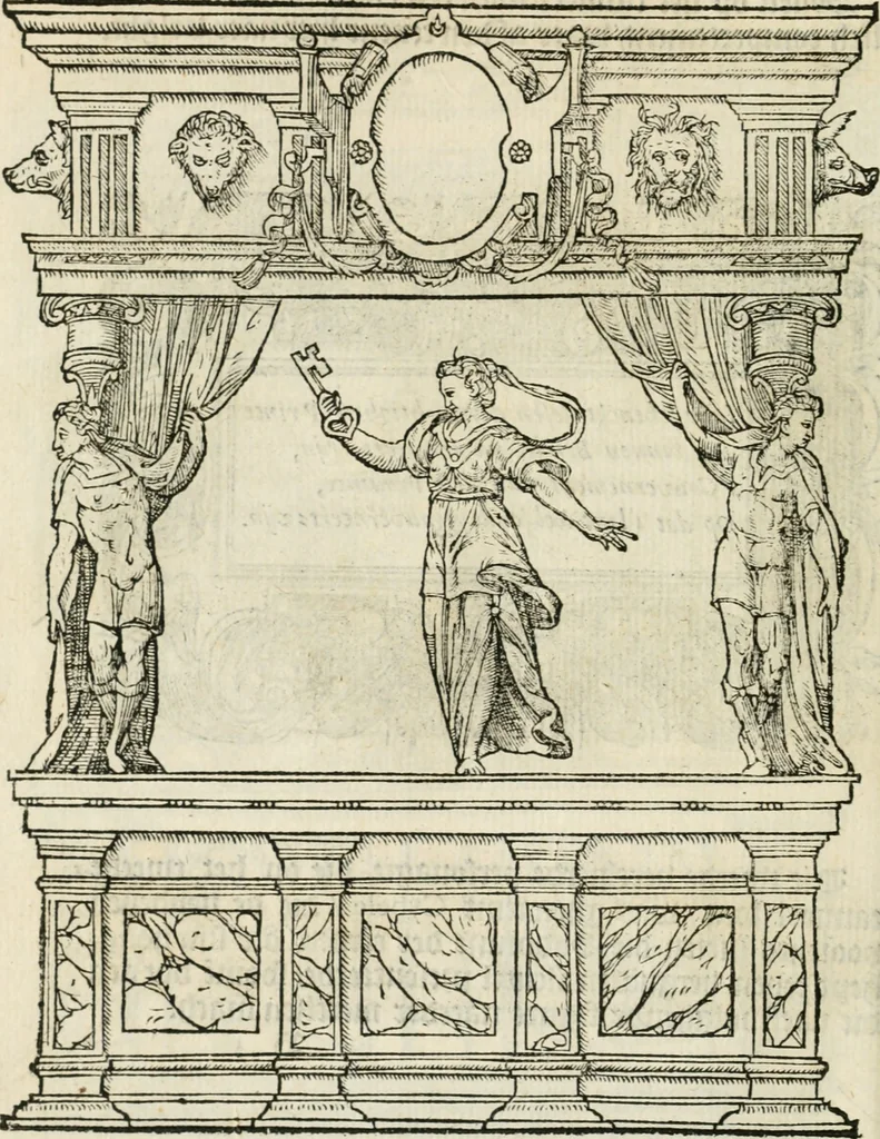 An illustration from Sommare beschrijuinghe vãde triumphelijcke incomst vanden doorluchtighen ende hooghgheboren aerts-hertoge Matthias : binnen die princelijcke stadt van Brussele : in t'iaer ons Heeren M.D.LXXVIII. den xviij dach Januarij : midtsgaders die tanneelen, poincten, figuren ende spectaculen, die inde voorseyde incompste (ter eeren van sijne doorluchticheyt) zijn verthoont ghevveest, met meer ander saken, die doen ter tijt gheschiet zijn, 1579, leaf 27