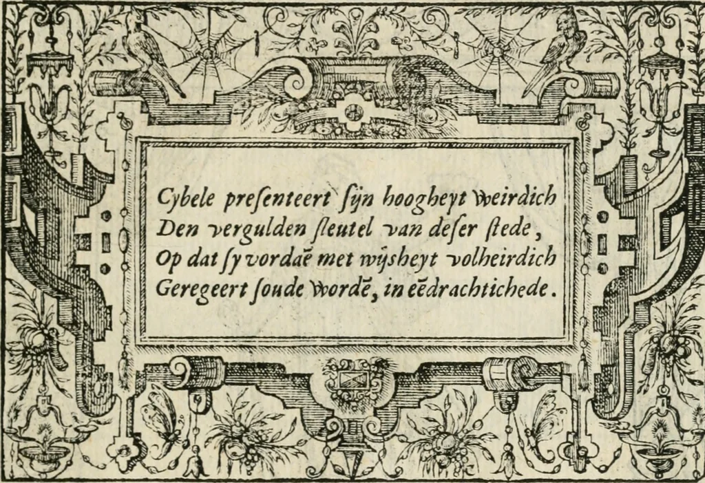 An illustration from Sommare beschrijuinghe vãde triumphelijcke incomst vanden doorluchtighen ende hooghgheboren aerts-hertoge Matthias : binnen die princelijcke stadt van Brussele : in t'iaer ons Heeren M.D.LXXVIII. den xviij dach Januarij : midtsgaders die tanneelen, poincten, figuren ende spectaculen, die inde voorseyde incompste (ter eeren van sijne doorluchticheyt) zijn verthoont ghevveest, met meer ander saken, die doen ter tijt gheschiet zijn, 1579, leaf 28