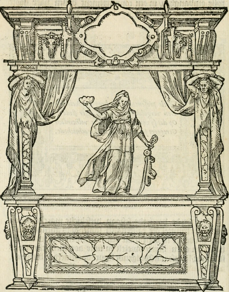 An illustration from Sommare beschrijuinghe vãde triumphelijcke incomst vanden doorluchtighen ende hooghgheboren aerts-hertoge Matthias : binnen die princelijcke stadt van Brussele : in t'iaer ons Heeren M.D.LXXVIII. den xviij dach Januarij : midtsgaders die tanneelen, poincten, figuren ende spectaculen, die inde voorseyde incompste (ter eeren van sijne doorluchticheyt) zijn verthoont ghevveest, met meer ander saken, die doen ter tijt gheschiet zijn, 1579, leaf 29