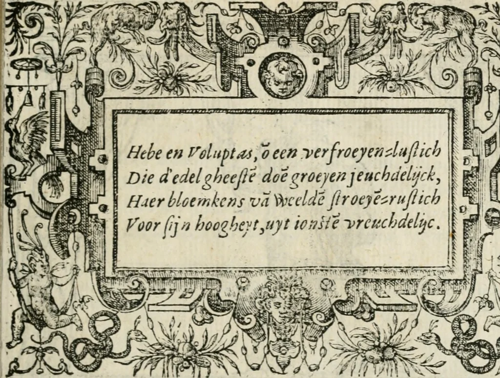 An illustration from Sommare beschrijuinghe vãde triumphelijcke incomst vanden doorluchtighen ende hooghgheboren aerts-hertoge Matthias : binnen die princelijcke stadt van Brussele : in t'iaer ons Heeren M.D.LXXVIII. den xviij dach Januarij : midtsgaders die tanneelen, poincten, figuren ende spectaculen, die inde voorseyde incompste (ter eeren van sijne doorluchticheyt) zijn verthoont ghevveest, met meer ander saken, die doen ter tijt gheschiet zijn, 1579, leaf 32