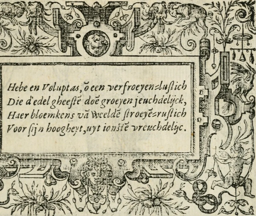 An illustration from Sommare beschrijuinghe vãde triumphelijcke incomst vanden doorluchtighen ende hooghgheboren aerts-hertoge Matthias : binnen die princelijcke stadt van Brussele : in t'iaer ons Heeren M.D.LXXVIII. den xviij dach Januarij : midtsgaders die tanneelen, poincten, figuren ende spectaculen, die inde voorseyde incompste (ter eeren van sijne doorluchticheyt) zijn verthoont ghevveest, met meer ander saken, die doen ter tijt gheschiet zijn, 1579, leaf 32