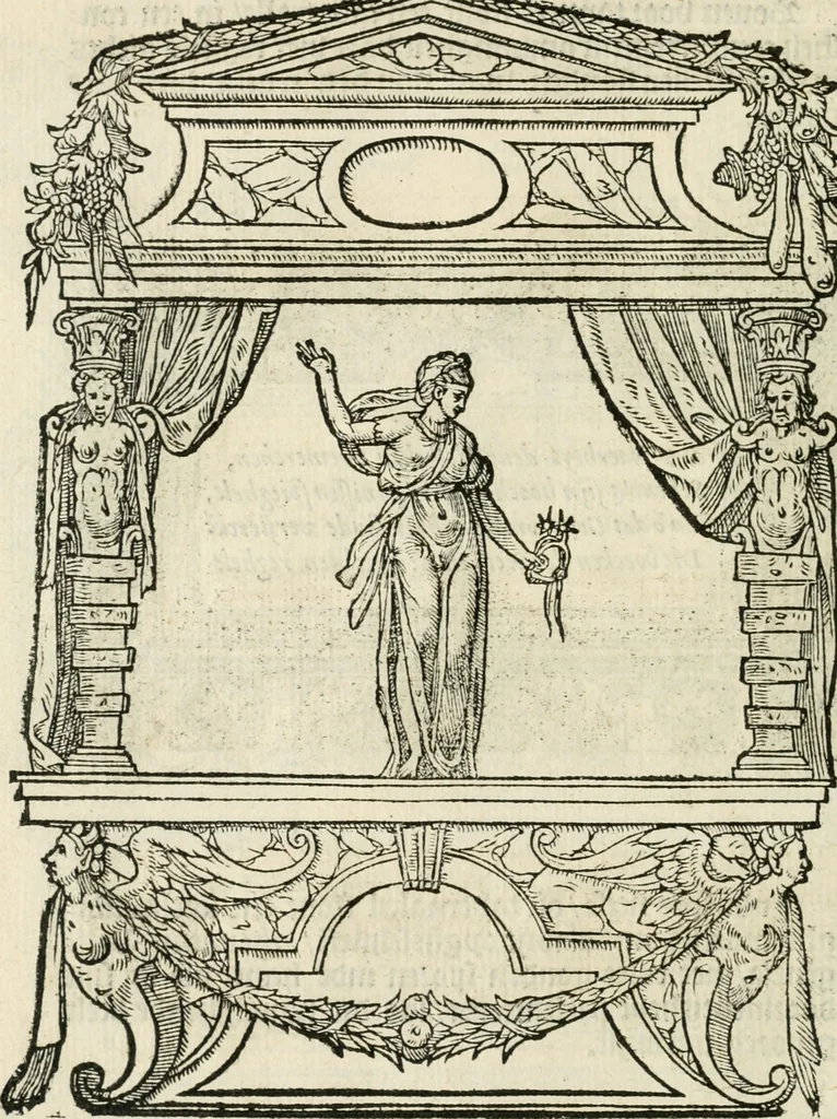 An illustration from Sommare beschrijuinghe vãde triumphelijcke incomst vanden doorluchtighen ende hooghgheboren aerts-hertoge Matthias : binnen die princelijcke stadt van Brussele : in t'iaer ons Heeren M.D.LXXVIII. den xviij dach Januarij : midtsgaders die tanneelen, poincten, figuren ende spectaculen, die inde voorseyde incompste (ter eeren van sijne doorluchticheyt) zijn verthoont ghevveest, met meer ander saken, die doen ter tijt gheschiet zijn, 1579, leaf 35