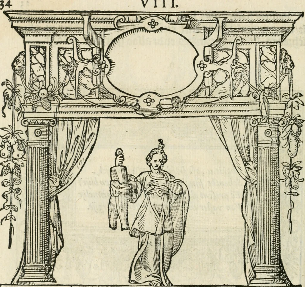 An illustration from Sommare beschrijuinghe vãde triumphelijcke incomst vanden doorluchtighen ende hooghgheboren aerts-hertoge Matthias : binnen die princelijcke stadt van Brussele : in t'iaer ons Heeren M.D.LXXVIII. den xviij dach Januarij : midtsgaders die tanneelen, poincten, figuren ende spectaculen, die inde voorseyde incompste (ter eeren van sijne doorluchticheyt) zijn verthoont ghevveest, met meer ander saken, die doen ter tijt gheschiet zijn, 1579, leaf 39