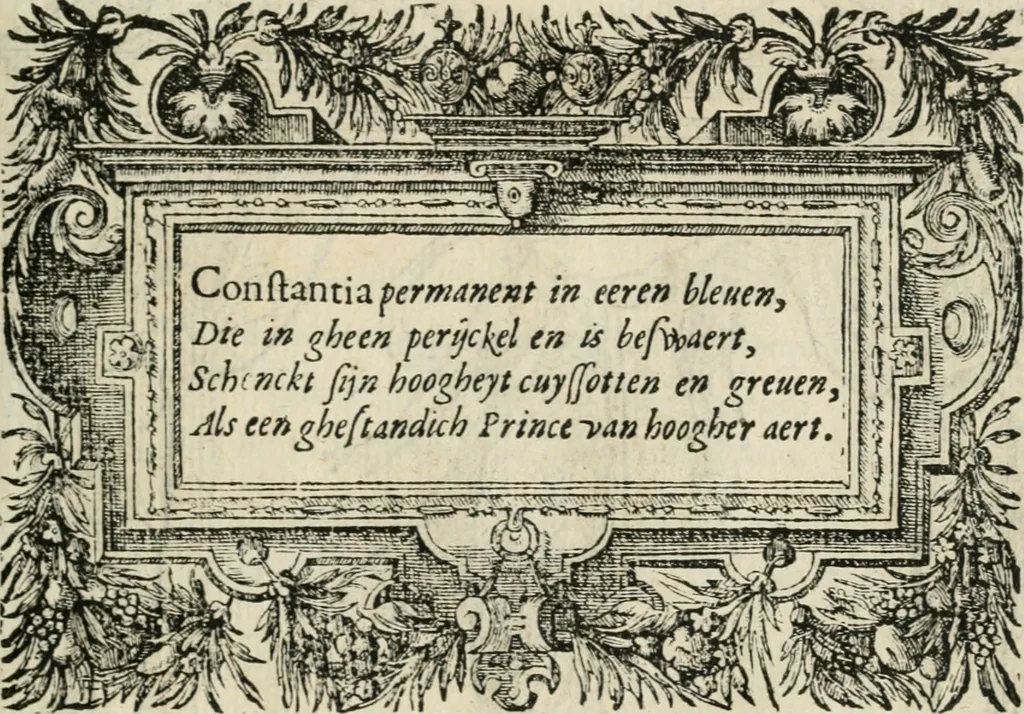 An illustration from Sommare beschrijuinghe vãde triumphelijcke incomst vanden doorluchtighen ende hooghgheboren aerts-hertoge Matthias : binnen die princelijcke stadt van Brussele : in t'iaer ons Heeren M.D.LXXVIII. den xviij dach Januarij : midtsgaders die tanneelen, poincten, figuren ende spectaculen, die inde voorseyde incompste (ter eeren van sijne doorluchticheyt) zijn verthoont ghevveest, met meer ander saken, die doen ter tijt gheschiet zijn, 1579, leaf 40