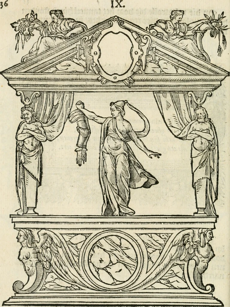 An illustration from Sommare beschrijuinghe vãde triumphelijcke incomst vanden doorluchtighen ende hooghgheboren aerts-hertoge Matthias : binnen die princelijcke stadt van Brussele : in t'iaer ons Heeren M.D.LXXVIII. den xviij dach Januarij : midtsgaders die tanneelen, poincten, figuren ende spectaculen, die inde voorseyde incompste (ter eeren van sijne doorluchticheyt) zijn verthoont ghevveest, met meer ander saken, die doen ter tijt gheschiet zijn, 1579, leaf 41